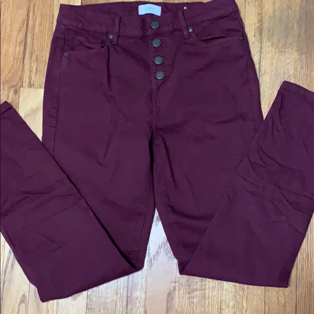 Loft size 6 button-fly burgundy skinny jeans NWOT